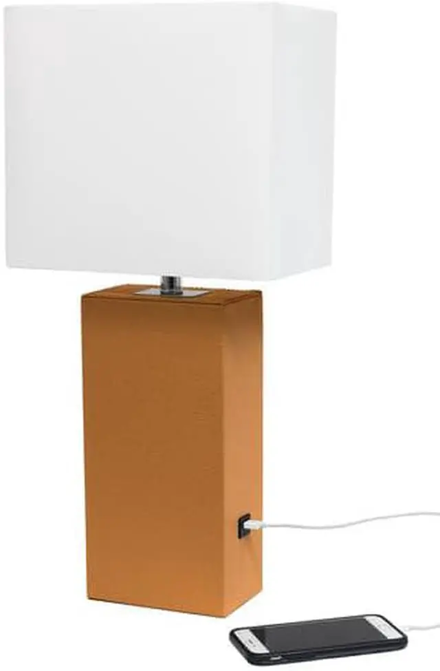 Alt view image 10 of 20 - Elegant Designs Modern Leather Table Lamp with USB and White Fabric Shade, Tan