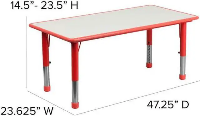 Alt view image 6 of 14 - 23.625''W x 47.25''L Rectangular Red Plastic Height Adjustable Activity Table Set with 6 Chairs
