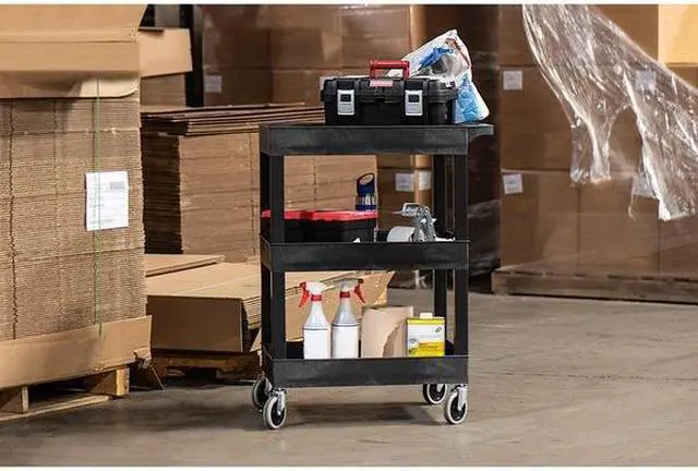 Alt view image 14 of 15 - Luxor 24" x 18" Multipurpose 3 Shelf Utility Tub Cart with 4 Swivel Casters - Plastic, Black