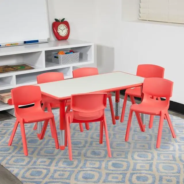 Alt view image 7 of 14 - 23.625''W x 47.25''L Rectangular Red Plastic Height Adjustable Activity Table Set with 6 Chairs