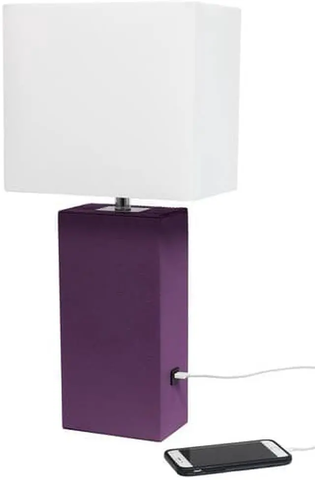 Alt view image 9 of 18 - Elegant Designs Modern Leather Table Lamp with USB and White Fabric Shade, Eggplant