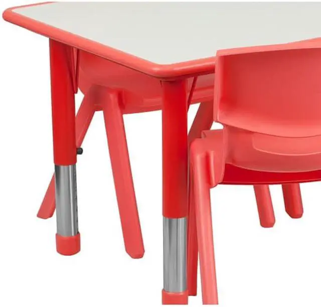 Alt view image 9 of 14 - 23.625''W x 47.25''L Rectangular Red Plastic Height Adjustable Activity Table Set with 6 Chairs