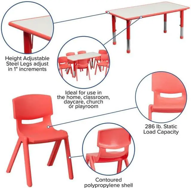 Alt view image 8 of 14 - 23.625''W x 47.25''L Rectangular Red Plastic Height Adjustable Activity Table Set with 6 Chairs