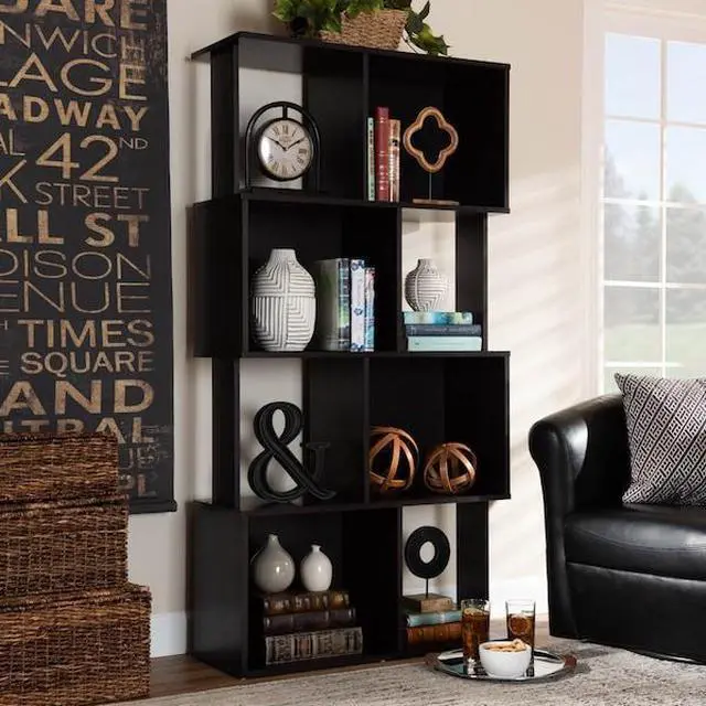 Alt view image 7 of 9 - Baxton Studio Riva Modern and Contemporary Dark Brown Finished Geometric Wood Bookshelf