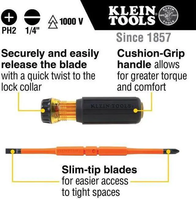 Alt view image 7 of 7 - KLEIN TOOLS 32293 Flip-Blade Insulated Screwdriver, 2-in1, Ph Bit No 2, Sl Bit