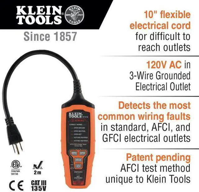 Alt view image 13 of 14 - Klein Tools RT310 AFCI / GFCI Outlet Tester for N.American AC Outlets ETL Listed