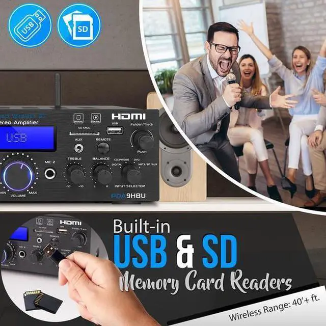 Alt view image 7 of 10 - Pyle PDA9HBU 200 Watt Compact Wireless Bluetooth USB FM Radio Stereo Amplifier with Digital LCD Display