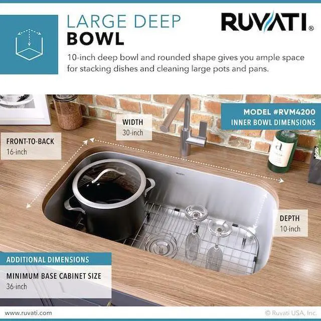Alt view image 12 of 15 - Ruvati 16-gauge Steel Single Bowl 32-inch Undermount Kitchen Sink