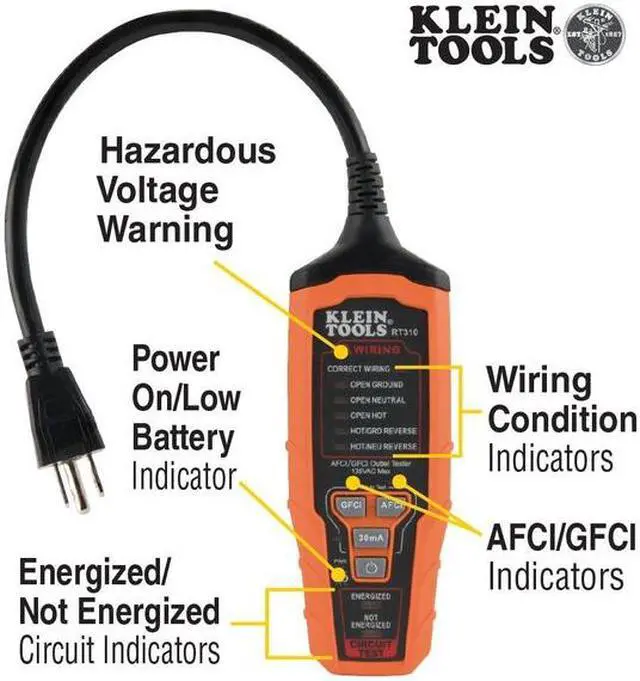 Alt view image 10 of 14 - Klein Tools RT310 AFCI / GFCI Outlet Tester for N.American AC Outlets ETL Listed