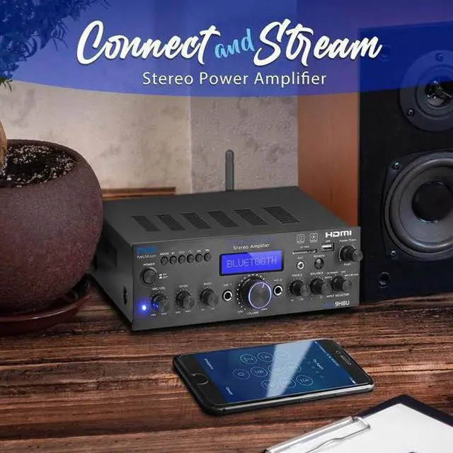 Alt view image 4 of 10 - Pyle PDA9HBU 200 Watt Compact Wireless Bluetooth USB FM Radio Stereo Amplifier with Digital LCD Display