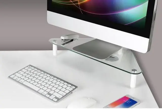 Alt view image 4 of 10 - Kantek Glass Corner Monitor Riser with 5mm Tempered Glass Platform and 40-Pound Capacity, 19.7-Inch W x 11-Inch D x 3.25-Inch H, Clear Glass (MS390)