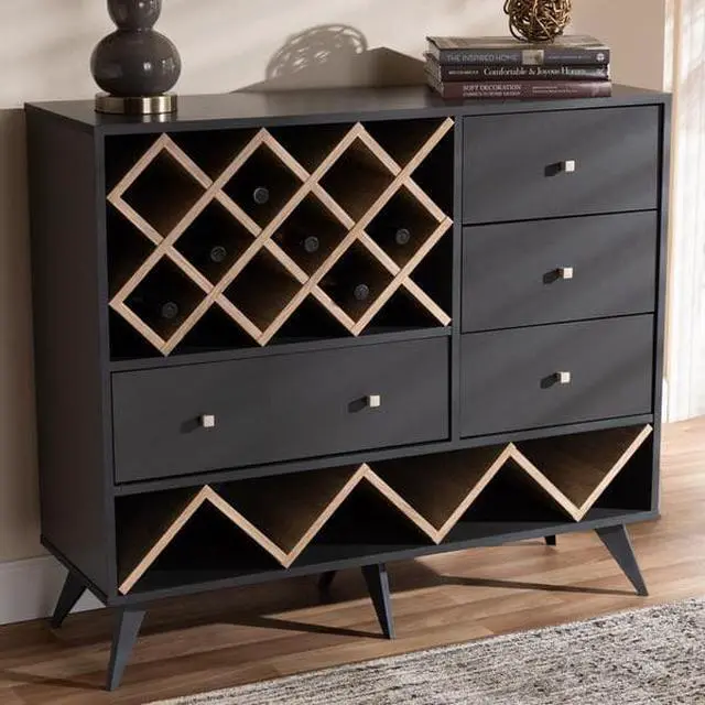 Alt view image 20 of 20 - Baxton Studio Savino Mid-Century Modern Dark Grey and Oak Finished Wood Wine Cabinet