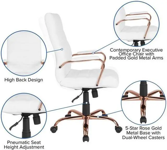 Alt view image 17 of 20 - High Back White LeatherSoft Executive Swivel Office Chair with Rose Gold Frame and Arms