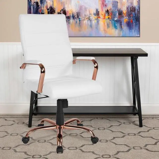 Alt view image 13 of 20 - High Back White LeatherSoft Executive Swivel Office Chair with Rose Gold Frame and Arms