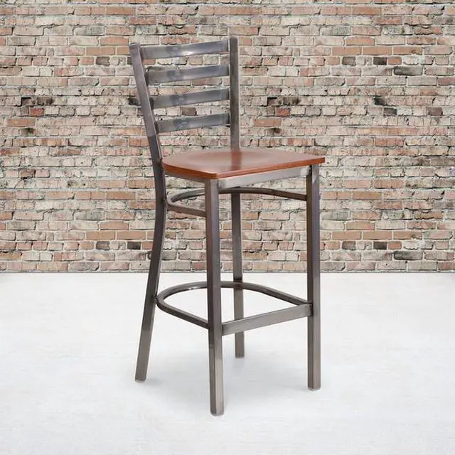 Alt view image 16 of 20 - Flash Furniture Hercules Series Clear Coated Ladder Back Metal Restaurant Barstool with Wood Seat, Cherry