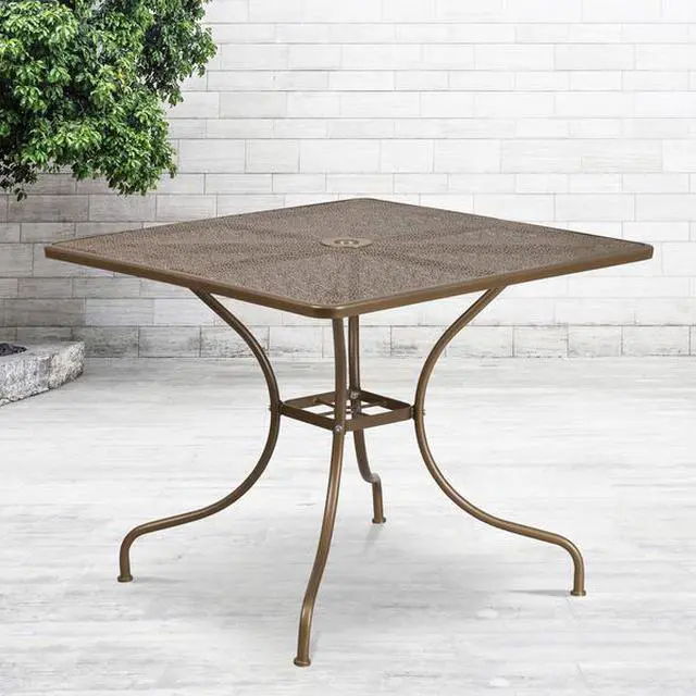 Alt view image 5 of 20 - Flash Furniture Oia Commercial Grade Square Indoor-Outdoor Steel Patio Table with Umbrella Hole Gold (CO6GD)