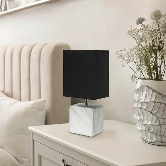 Alt view image 14 of 14 - Simple Designs Petite Marbled Ceramic Table Lamp with Fabric Shade, White with Black Shade