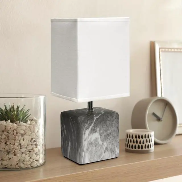 Alt view image 11 of 14 - Simple Designs Petite Marbled Ceramic Table Lamp with Fabric Shade, Black with White Shade