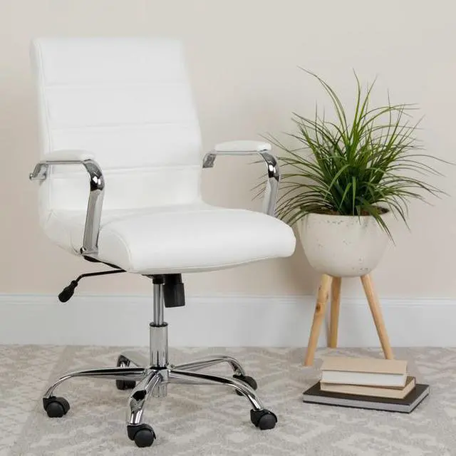 Alt view image 14 of 20 - Mid-Back White LeatherSoft Executive Swivel Office Chair with Chrome Base and Arms