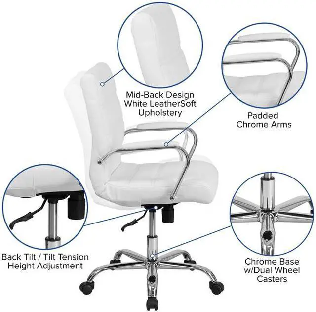 Alt view image 18 of 20 - Mid-Back White LeatherSoft Executive Swivel Office Chair with Chrome Base and Arms