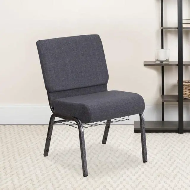 Alt view image 3 of 20 - HERCULES Series 21''W Church Chair in Dark Gray Fabric with Book Rack - Silver Vein Frame
