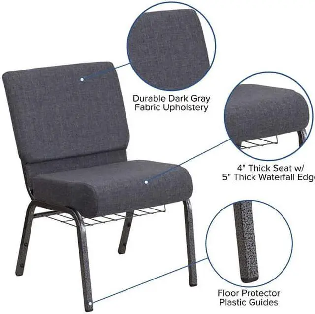 Alt view image 7 of 20 - HERCULES Series 21''W Church Chair in Dark Gray Fabric with Book Rack - Silver Vein Frame