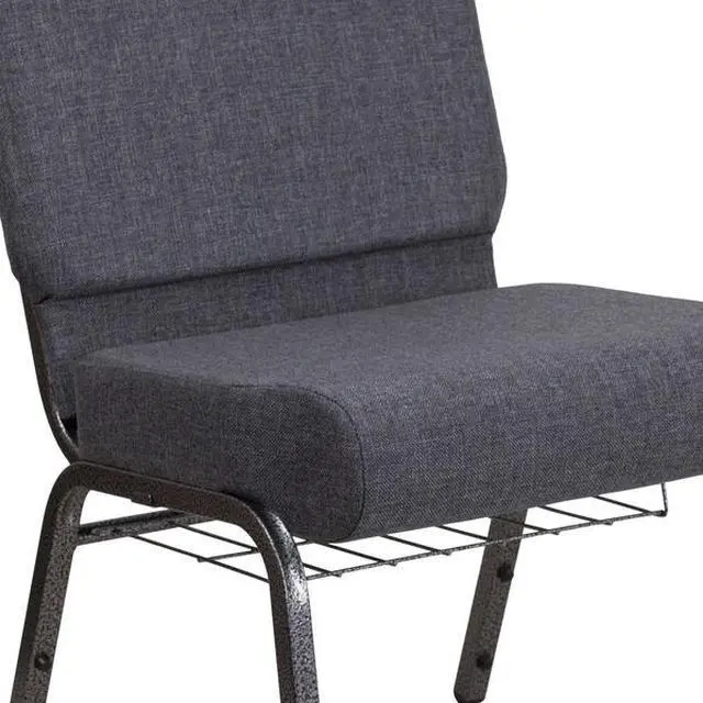 Alt view image 8 of 20 - HERCULES Series 21''W Church Chair in Dark Gray Fabric with Book Rack - Silver Vein Frame