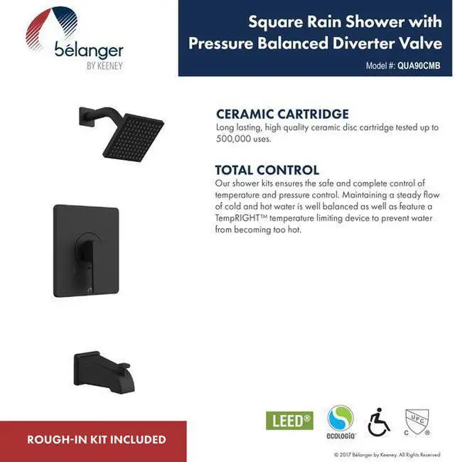 Alt view image 6 of 7 - KEENEY QUA90CMB Bath Tub and Shower Faucet, Matte Black, Wall