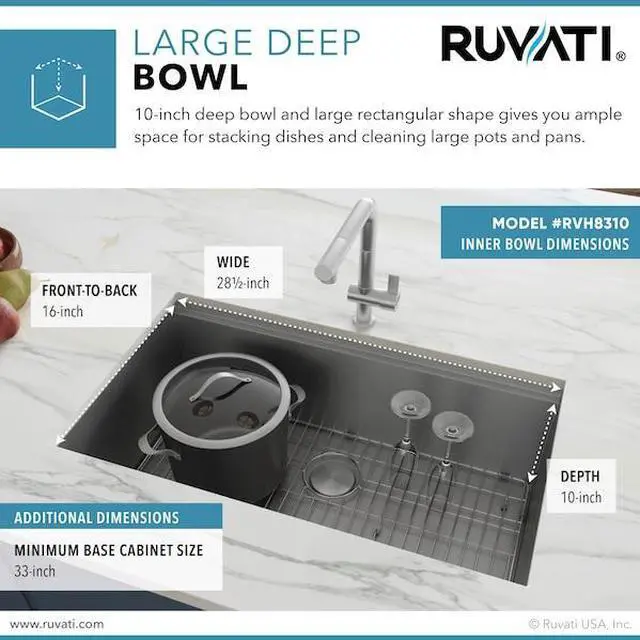 Alt view image 6 of 8 - RUVATI RVH8310 30" Workstation Ledge Undermount 16 Gauge SS Kitchen Sink Single