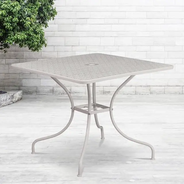 Alt view image 5 of 20 - Commercial Grade 35.5" Square Light Gray Indoor-Outdoor Steel Patio Table