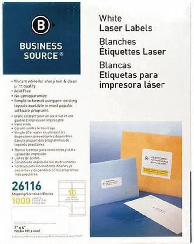 Alt view image 4 of 7 - Business Source Mailing Labels Shipping Laser 2"x4" 1000/PK White 26116