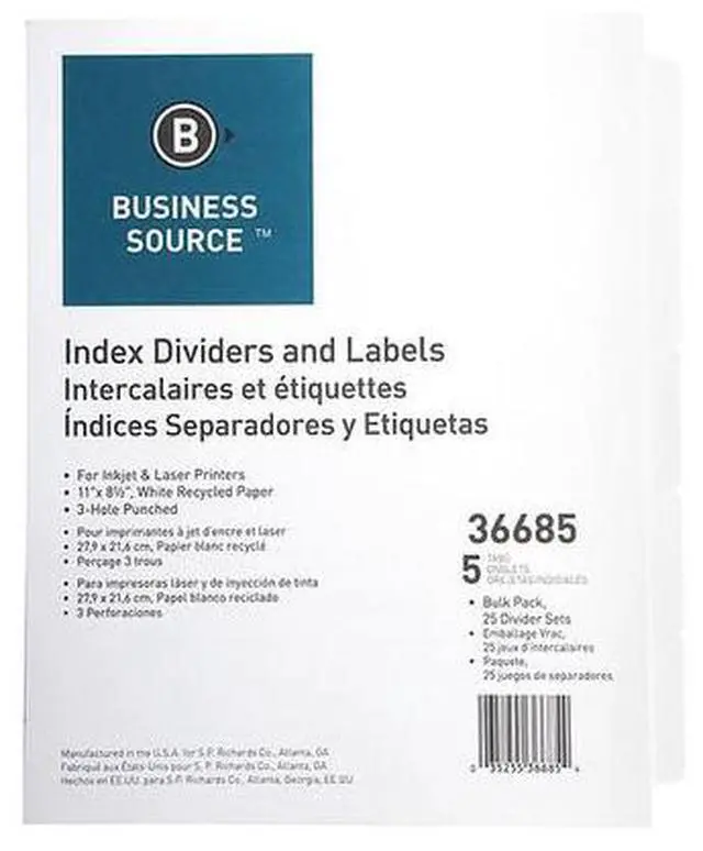 Alt view image 6 of 8 - Business Source Index Dividers 3HP 5-Tab 25 ST/PK 11"x8-1/2" White 36685