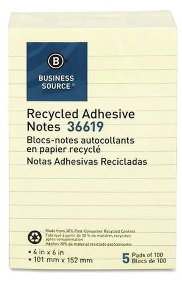 Alt view image 10 of 13 - Business Source Recycled Adhesive Note Pads Lined 4"x6" 5/PK Yellow 36619