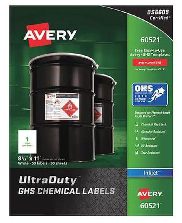 Alt view image 2 of 11 - Avery Chem Label, 8-1/2"W x 11"H, 50 Labels, PK50 Synthetic Film 7278260521