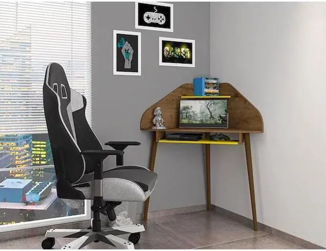 Alt view image 13 of 18 - Bradley Corner Desk with Keyboard Shelf in Rustic Brown and Yellow