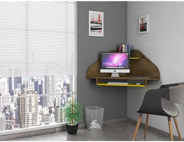Alt view image 13 of 18 - Bradley Floating Corner Desk with Keyboard Shelf in Rustic Brown and Yellow