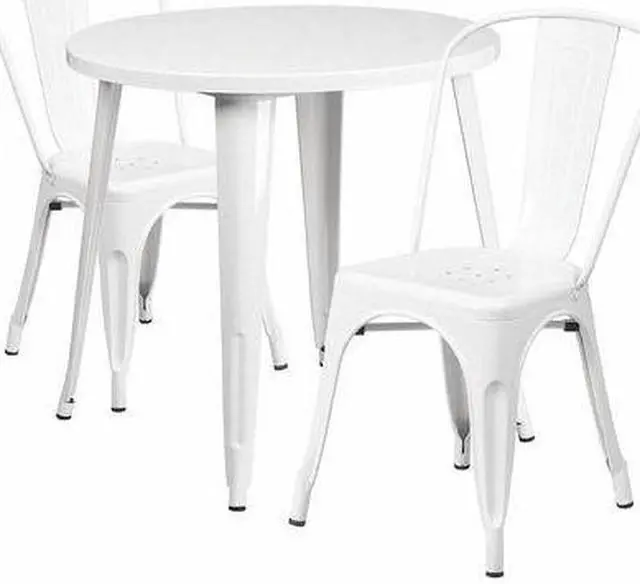 Alt view image 9 of 14 - 30'' Round White Metal Indoor-Outdoor Table Set with 2 Vertical Slat Back Chairs
