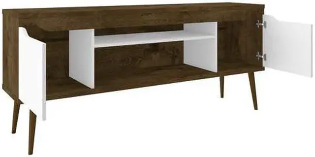 Alt view image 10 of 14 - Bradley 62.99 TV Stand Rustic Brown and White  with 2 Media Shelves and 2 Storage Shelves in Rustic Brown and White  with Solid Wood Legs
