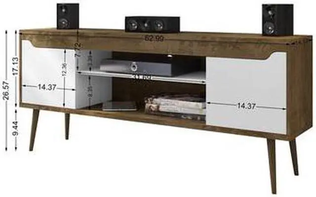 Alt view image 9 of 14 - Bradley 62.99 TV Stand Rustic Brown and White  with 2 Media Shelves and 2 Storage Shelves in Rustic Brown and White  with Solid Wood Legs