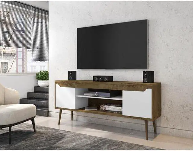 Alt view image 8 of 14 - Bradley 62.99 TV Stand Rustic Brown and White  with 2 Media Shelves and 2 Storage Shelves in Rustic Brown and White  with Solid Wood Legs