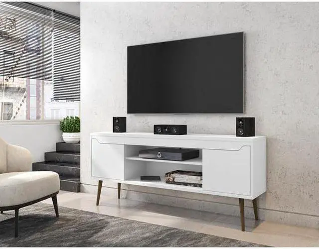 Alt view image 8 of 14 - Bradley 62.99 TV Stand White  with 2 Media Shelves and 2 Storage Shelves in White  with Solid Wood Legs