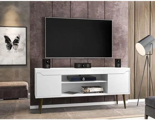 Alt view image 11 of 14 - Bradley 62.99 TV Stand White  with 2 Media Shelves and 2 Storage Shelves in White  with Solid Wood Legs
