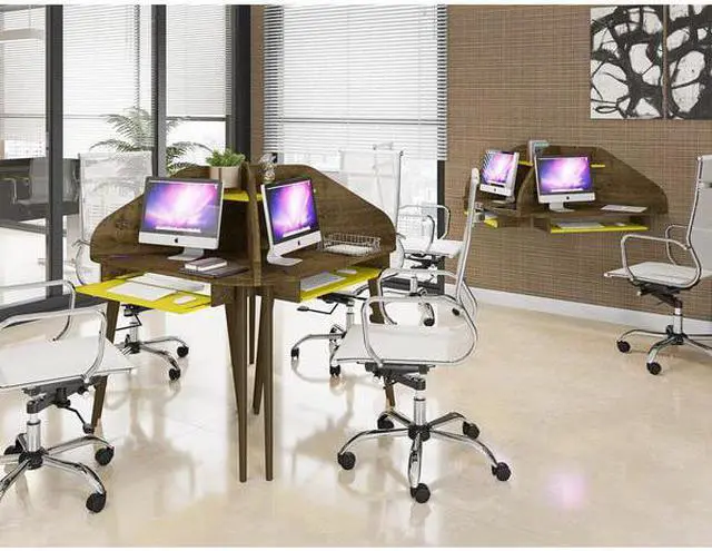 Alt view image 8 of 13 - Bradley Floating 2-Piece Cubicle Section Desk with Keyboard Shelf in Rustic Brown and Yellow