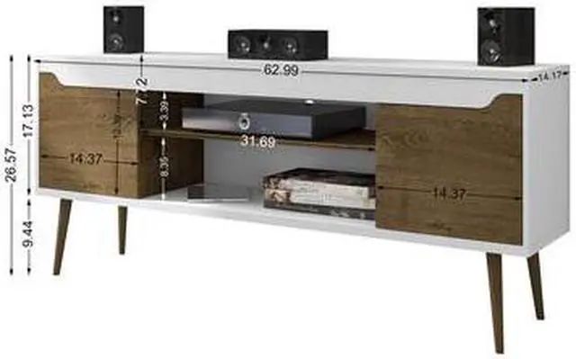 Alt view image 9 of 14 - Bradley 62.99 TV Stand White and Rustic Brown with 2 Media Shelves and 2 Storage Shelves in White and Rustic Brown with Solid Wood Legs