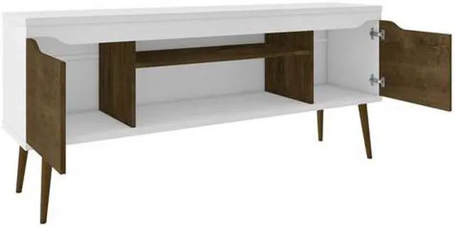 Alt view image 10 of 14 - Bradley 62.99 TV Stand White and Rustic Brown with 2 Media Shelves and 2 Storage Shelves in White and Rustic Brown with Solid Wood Legs