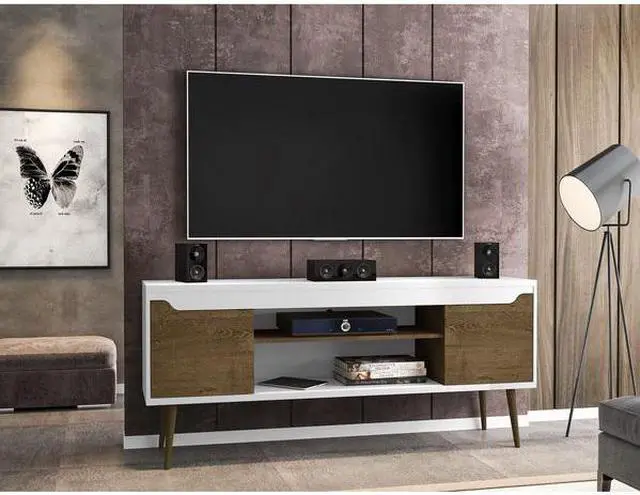 Alt view image 11 of 14 - Bradley 62.99 TV Stand White and Rustic Brown with 2 Media Shelves and 2 Storage Shelves in White and Rustic Brown with Solid Wood Legs