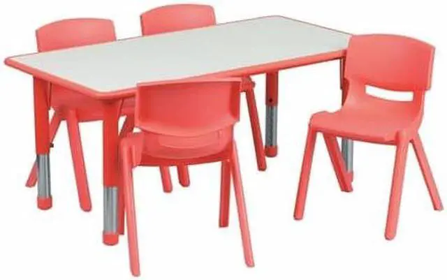 Alt view image 6 of 19 - 23.625''W x 47.25''L Rectangular Red Plastic Height Adjustable Activity Table Set with 4 Chairs