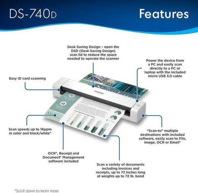 Alt view image 18 of 20 - Brother DSmobile DS-740D 48 bit int./ 24 bit ext. Dual CIS 600 x 600 dpi Duplex Mobile Scanner with Desk Saving Design