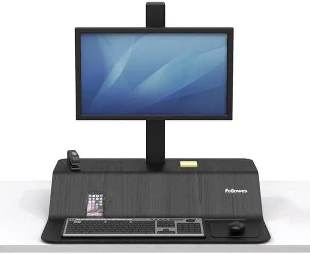 Alt view image 13 of 20 - Fellowes 8080101 Lotus Ve Sit-Stand Workstation - Desk Mount For Lcd Display / Keyboard / Mouse - Wood Veneer - Black Ash