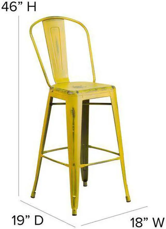 Alt view image 2 of 20 - Commercial Grade 30" High Distressed Yellow Metal Indoor-Outdoor Barstool with Back